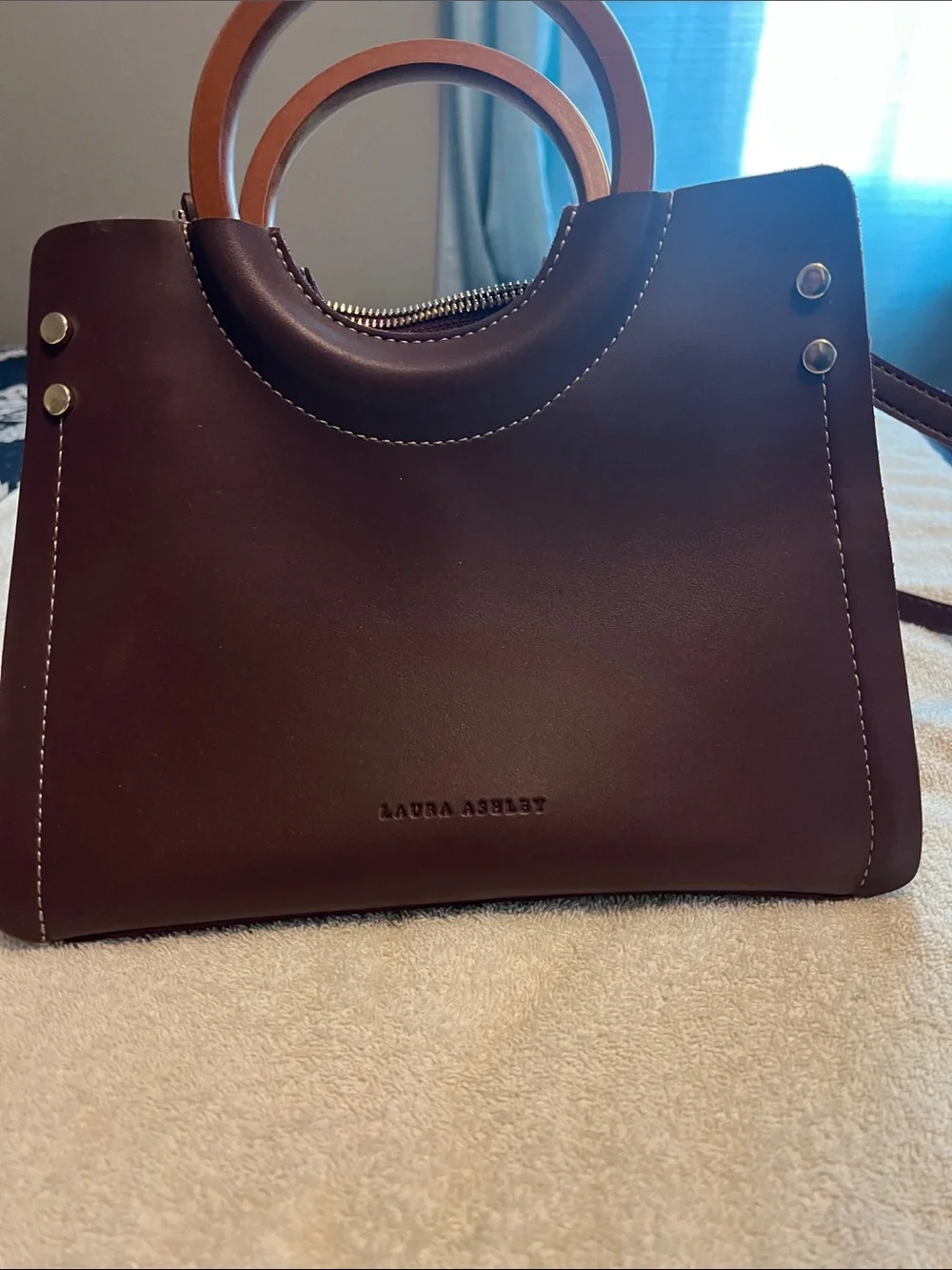 Laura Ashley Dark Brown Leather Satchel with Wooden Circle Handles